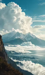 an artistic painting of mountains covered with clouds