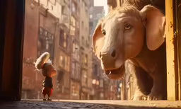 an animated elephant looking through the door at a little girl
