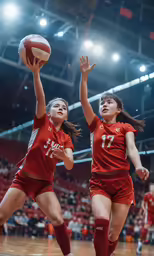 two girls play basketball against each other in a stadium
