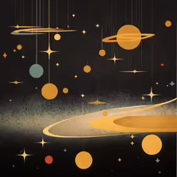 a painting depicting a solar system in space with stars, and an image of a space shuttle
