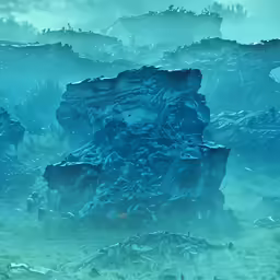 a fantasy landscape with blue rocks and grass in the foreground
