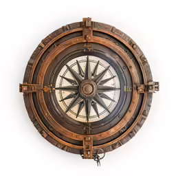 an old wooden and metal compass showing the direction of the compass