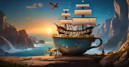 a very large and nice ship on a big cup
