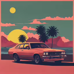 the artwork depicts a car on a pink and green sunset,an image of a car in front of a beach scene