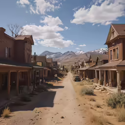 a small town with a road and mountains in the background