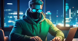 man in sunglasses with a laptop at night