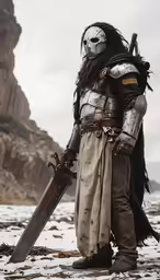 a man wearing metal armor holding a large sword in his hand