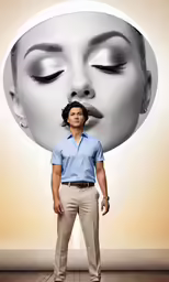 a man stands in front of a large face