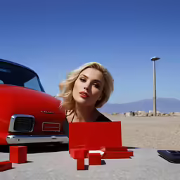 a woman posing next to some colorful boxes and a car