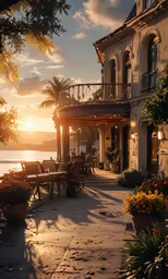 an outdoor dining room with a view of the water