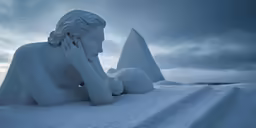 two snow sculptures with one woman sitting in the snow