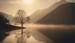 a lake with water that has a tree near by
