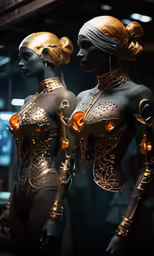 two black mannequins, dressed in gold jewelry and head dresses