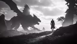 a man standing on a hill next to a large dragon