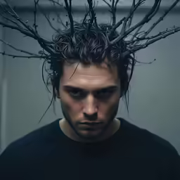 the man with a t - shirt on stands in a dark room