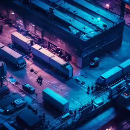 a large building with some vehicles outside at night