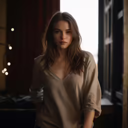 the young woman in sweater is standing near a window