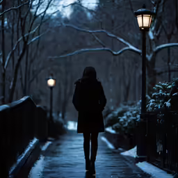 a woman walks on a snow covered street during winter