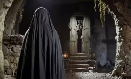 woman wearing a black cape walking into a cave
