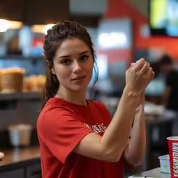 a woman holding up her arms at a restaurant