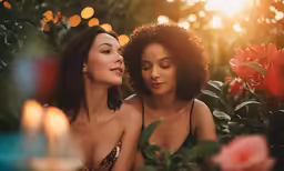 two women in the sun sitting next to some roses