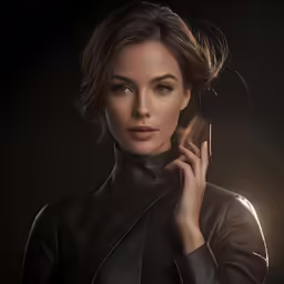 a woman in leather clothes is holding a cell phone