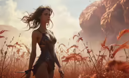 a beautiful woman in a wet suit is walking in the middle of some tall grass