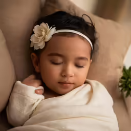 a child wrapped in a towel is resting