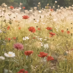 an open field full of lots of red flowers