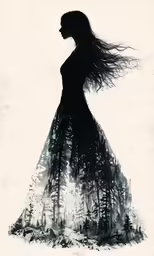 a woman walking through a forest next to tall trees