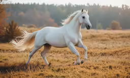 the white horse is galloping in a brown grass field