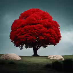 this is the top of a tree that has red leaves