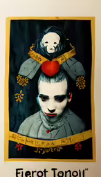 a portrait of a clown holding a giant heart