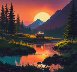 this is a digital painting of an old truck,a truck parked next to a lake in the mountains