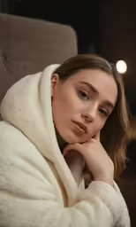 a woman laying on a couch in a bathrobe