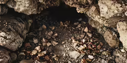 some rocks and dirt and brown chips on the ground