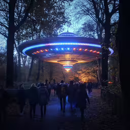 a large group of people walking through a forest,a crowd of people walking around a circular area