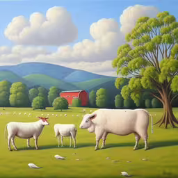 three sheep graze on the grass in front of a barn,an original painting of sheep and a dog on a farm