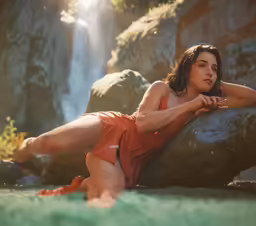 a woman leaning over an outdoor area near a waterfall