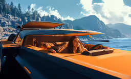 a young woman relaxes in the back seat of a speedboat