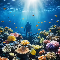 a person diving in the ocean with lots of coral