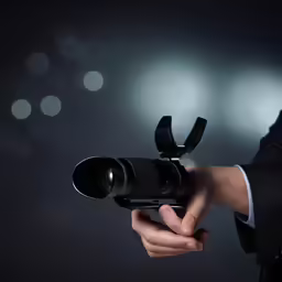 a photographer holding his camera with many lights in the background