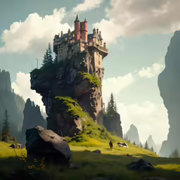 an old castle built on top of a lush green hill