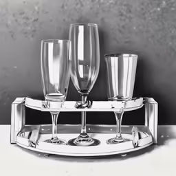 an iron tray holds three glasses of wine