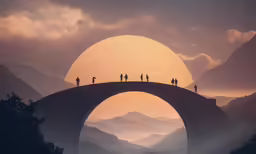a sunset with some people standing on the bridge