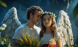 man and woman in fairy costume standing with large angel wings on them