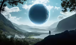 the man is standing on a cliff looking at a giant ball in the sky