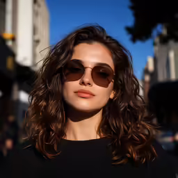the young woman is wearing sunglasses and a black shirt