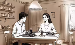 two people are sitting at the table drinking,two people sitting at a table in a kitchen
