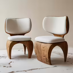 two small white chairs with one without